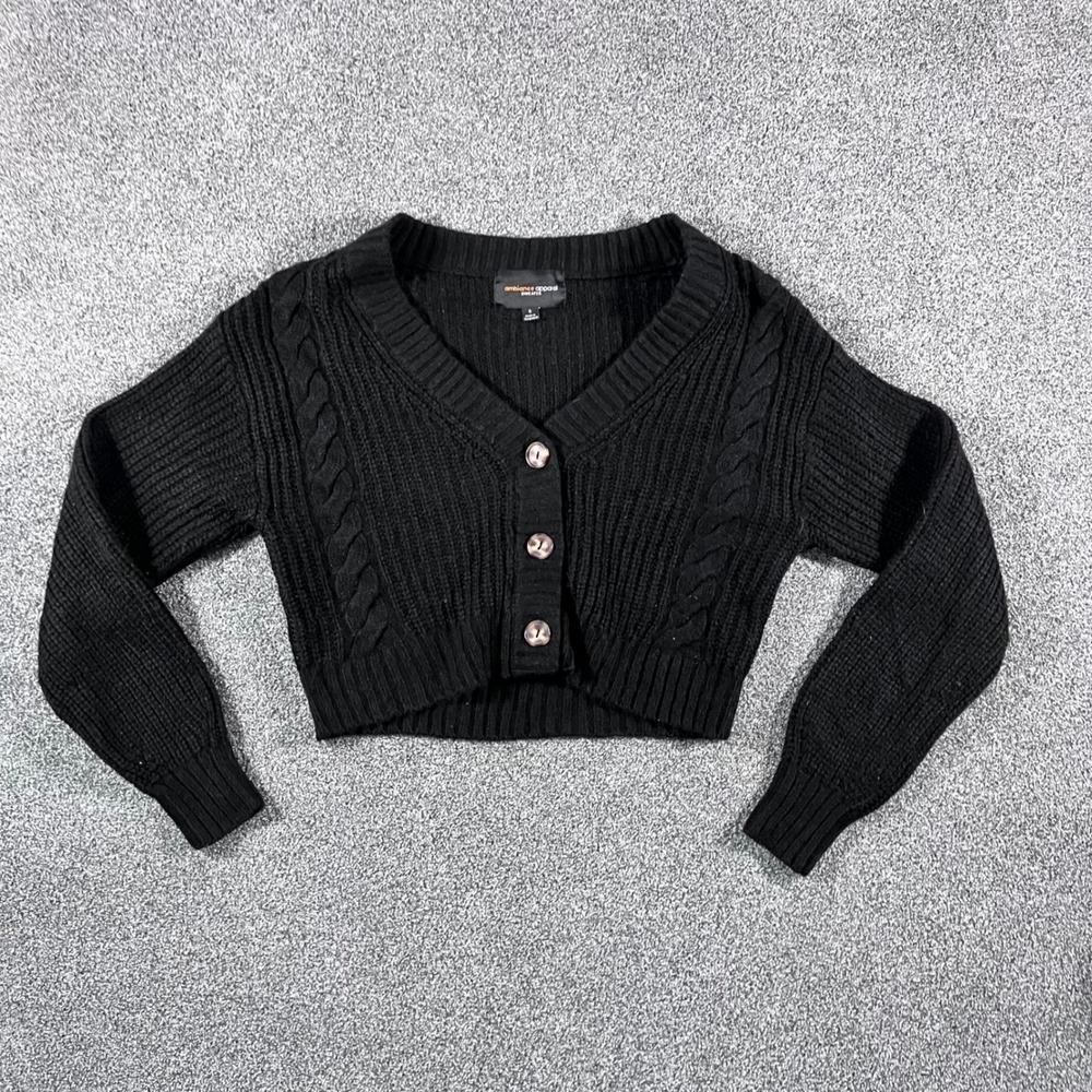 Ambiance Apparel Women Small Black Cropped Cardigan Sweater Cable Knit V-Neck